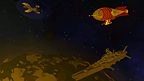 Three ship designs above a world