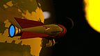 A rocket-hulled ship passing a sun