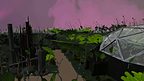 A domed settlement under a pink sky