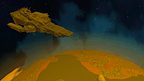 A warship above a molten world